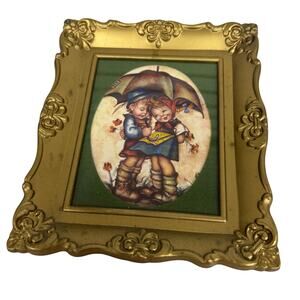 Vintage Hummel Boy Girl under Umbrella Ornate Framed Art Print Victorian Style